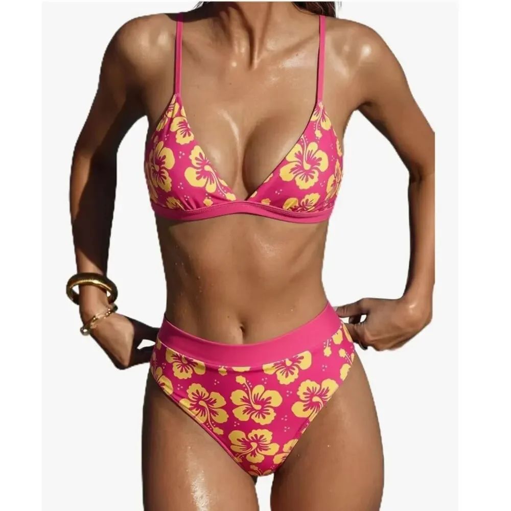 SUUKSESS High Waisted Triangle Bikini Pink Yellow Floral Medium